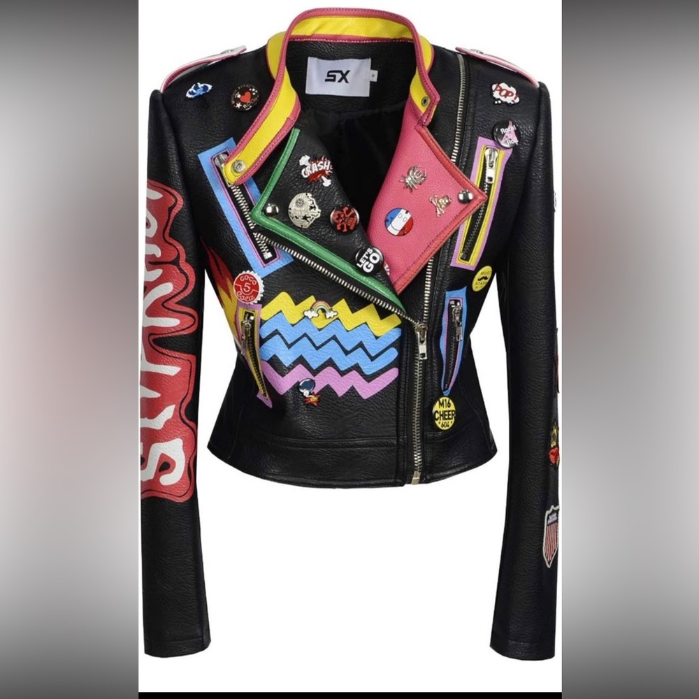 Fashion Women's Punk Floral Embroidered short Faux Leather Jacket Moto PU Coat